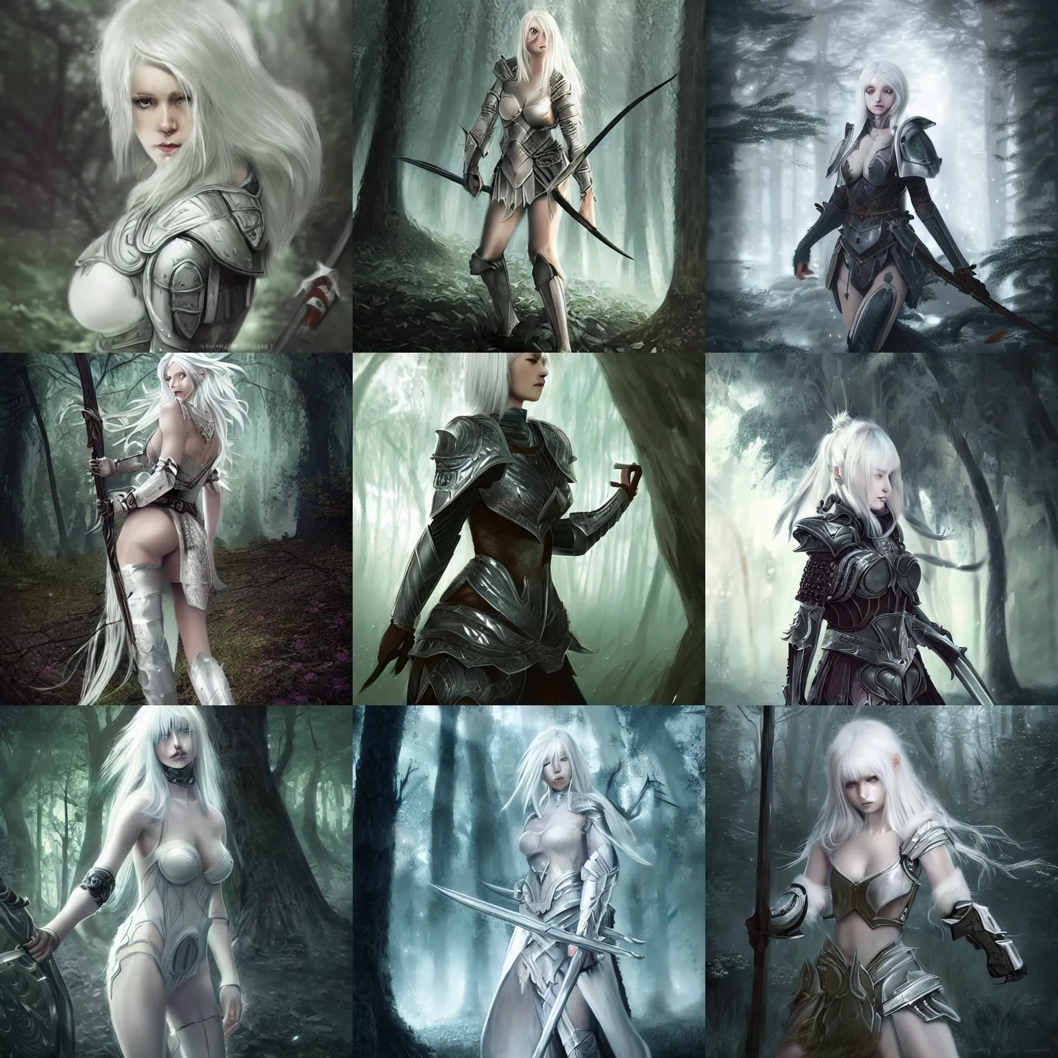 Prompt: fantasy art of woman warrior in plate armor, in dark forest, white hair, anime, matte painting, intricate, by wlop