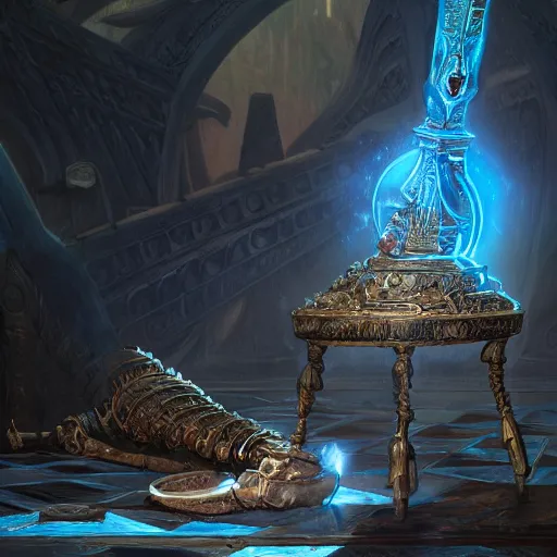 Image similar to fantasy movie scene greg rutkowski digital painting of an ornate and royal egyptian old twisted ornate runed wooden staff weapon with a blue crystal at it's tip laying on a stone altar, unreal engine, hyper realism, realistic shading, cinematic composition, blender render, octane render, hdr, detailed textures, photorealistic, 3 5 mm film