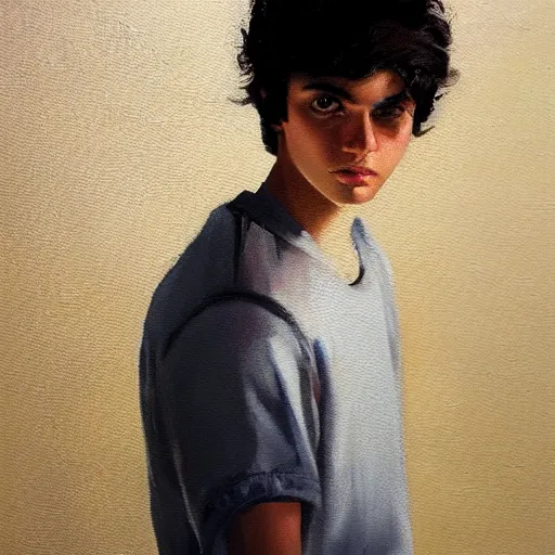 Prompt: oil painting by ilya kuvshinov, baugh casey, rhads, coby whitmore, of a youthful persian - indian college student, fair olive skin, refined features, high cheekbones, handsome, curly black hair, outdoors, highly detailed, breathtaking face, studio photography, dawn, intense subsurface scattering, blush, supple look, innocence, intense sunlight