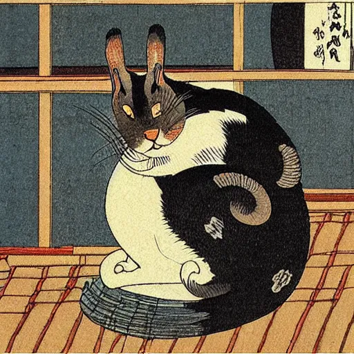 Image similar to “ a cat on a hot tin roof, by hokusai ”