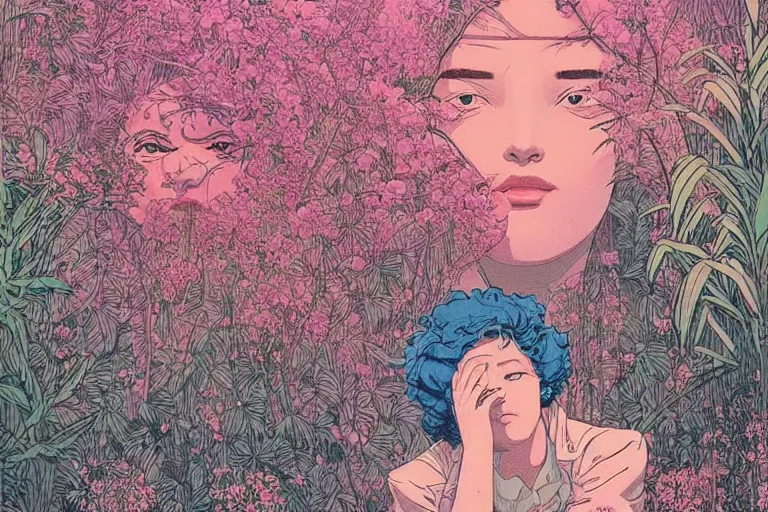 Prompt: gigantic woman head, a lot of exotic vegetation around, trees, flowers, risograph!, oldschool vintage sci - fi flat surreal design, super - detailed, fullshot, painting by moebius and satoshi kon