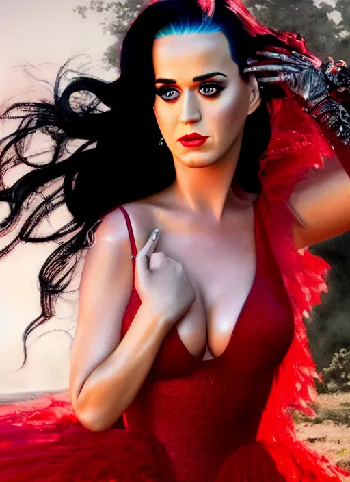 Image similar to katy perry in a red dress by luis royo. highly detailed 8 k. intricate. lifelike. soft light. nikon d 8 5 0. cinematic post - processing