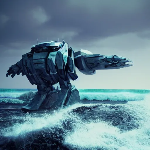 Prompt: photograph with stylish lens effect, stylistic lighting, 1 9 8 0's sci - fi style, extremely epic, hyppereality, weta digital, octane render, a giant massive tall silver titan android battle mech with a wild salacious flamboyant paint standing in crashing dramatic ocean waves with sea foam and sea spray alongside a rocky cliff shoreline, cinema 4 d, volumetric lighting