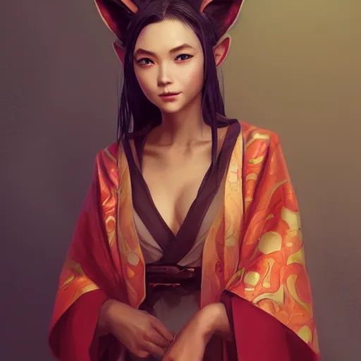 Prompt: A potrait of a beautiful, shapely woman with fox ears wearing a modest kimono from Skyrim, digital painting, by Stanley Artgerm Lau, WLOP, Rossdraws, LeraPi, and Sakimichan, digtial painting, trending on ArtStation, deviantart, SFW version