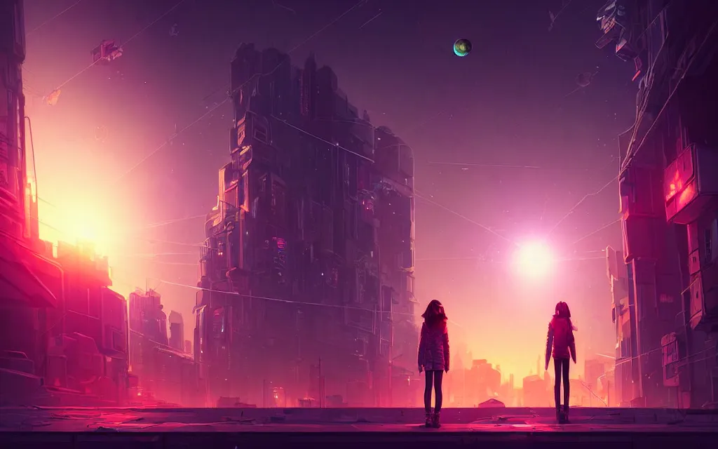 Image similar to girl staring at a meteorite hitting a floating cyberpunk city at night by wlop, low poly art, ultra detailed color art, high detail, digital art