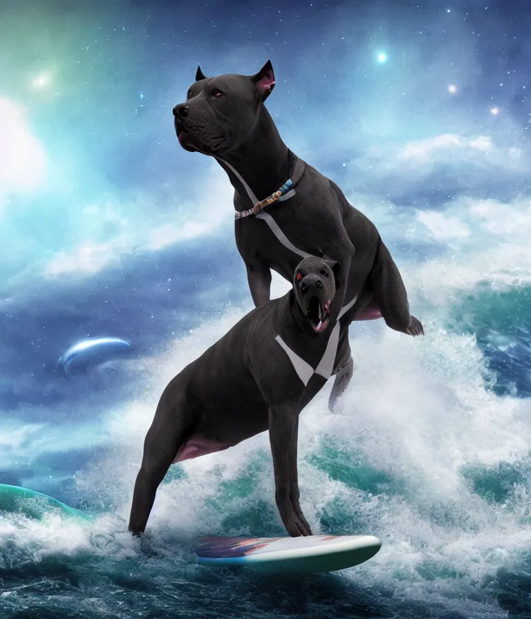 Image similar to photo of a dark gray coat pit bull with a white paws!, surfing on a surfboard in a crashing wave of alien ocean in space, background is an alien galaxy, aliens in the background, alien colors, octane render, unreal engine, wide view, 8 k, highly detailed