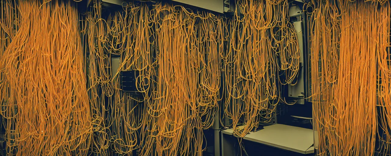 Image similar to a large computer server room overflowing with spaghetti, canon 5 0 mm, cinematic lighting, photography, retro, film, kodachrome, closeup