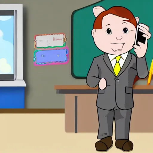 Prompt: a cartoon horse character is wearing a suit, he is teaching in the classroom, he is holding a smartphone