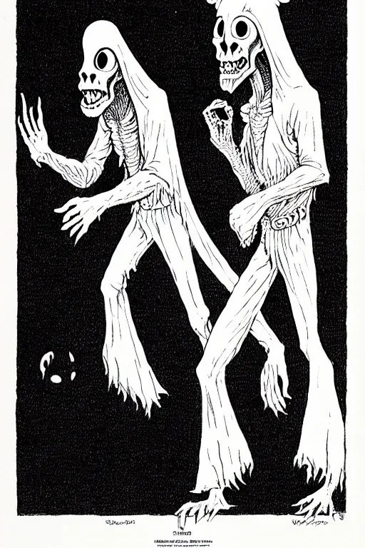 Prompt: a ghostly pair of walking white pants with two eyes as a d & d monster, full body, pen - and - ink illustration, etching, by russ nicholson, david a trampier, larry elmore, 1 9 8 1, hq scan, intricate details, inside stylized border