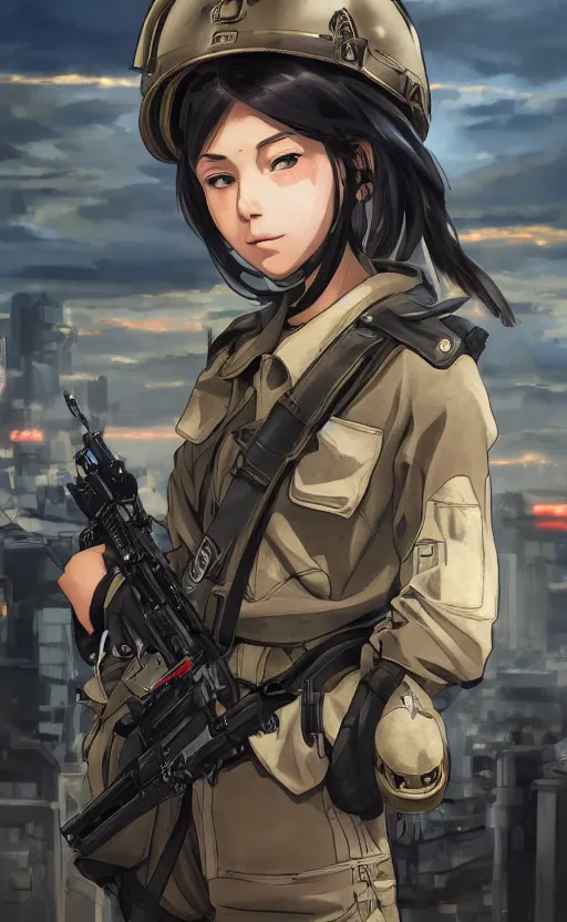 Prompt: portrait of mechanized soldier girl, anime style, urban in background, soldier clothing, combat helmet, short hair, hair down, symmetrical facial features, from arknights, hyper realistic, 4 k, rule of thirds, extreme detail, detailed drawing, trending artstation, hd, d & d, realistic lighting, by alphonse mucha, greg rutkowski