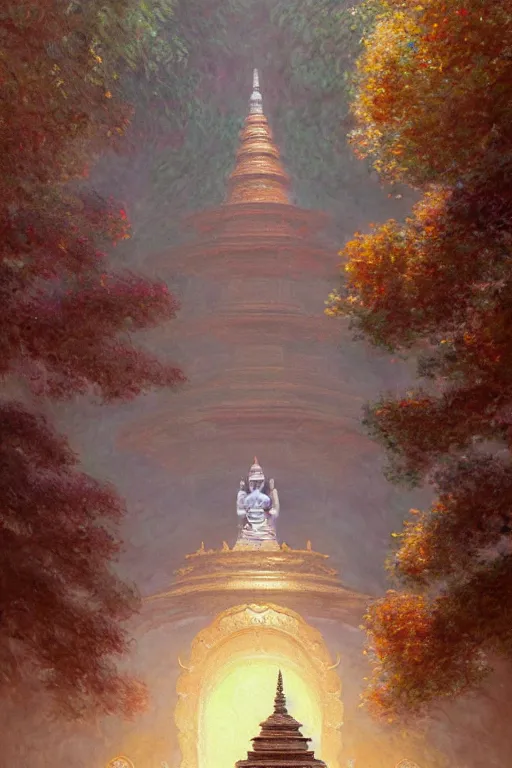 Image similar to temple, buddhism, impressionnisme, painting by greg rutkowski, artgerm, claude monet