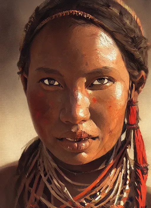 Image similar to A painting of a tribal woman, trending on artstation in the style of Greg Rutkowski