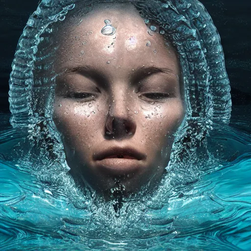 Prompt: water artwork manipulation in the shape of a human head on the ocean, behance, ray tracing, sharp focus, realistic water, long shot