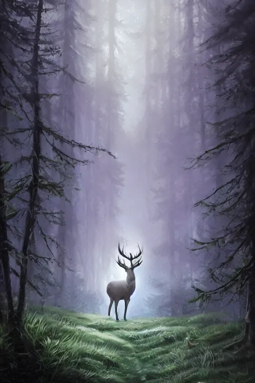 Image similar to Magical White Stag in the distance, lush evergreen forest, vivid colors, night scene, 4K, character concept art, oil painting, digital painting, painterly, cinematic lighting, rule of thirds, trending in artstation, cgsociety, by anato finnstark, Artgerm, Greg Rutkowski, Joseph Christian Leyendecker