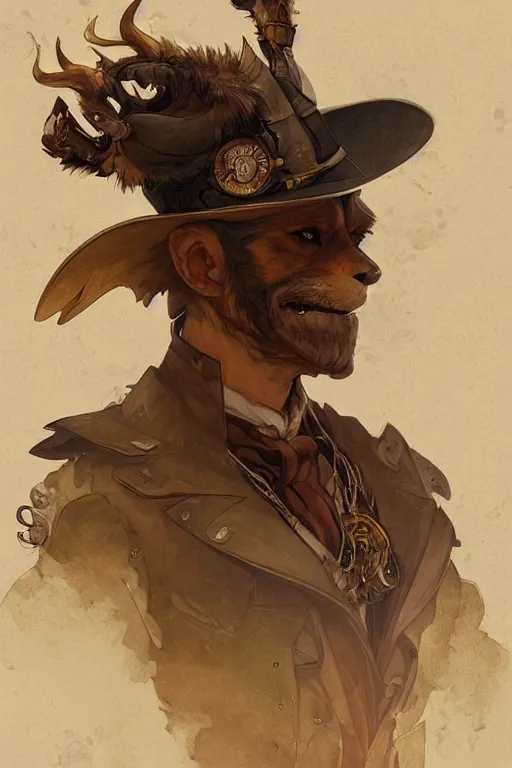 Image similar to heroic character design of anthropomorphic whimsical fox, portrait, western, steampunk, clint eastwood pose, duster, fantasy, intricate, elegant, highly detailed, digital painting, artstation, concept art, sharp focus, illustration, art by artgerm and greg rutkowski and alphonse mucha