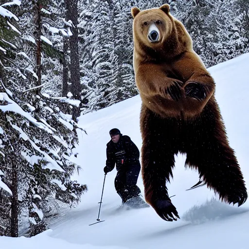 Prompt: Man skiing while getting chased by a bear