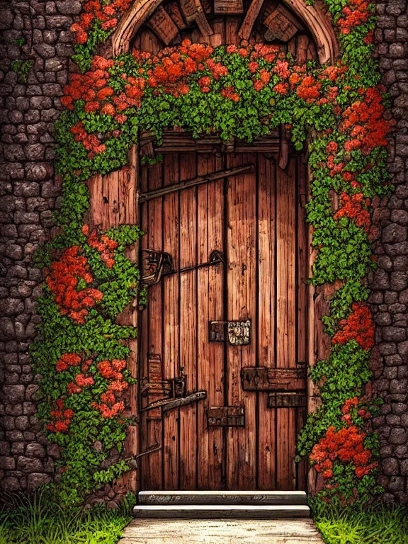 Prompt: professional digital art detailed old wood and rust castle door entrance flowers with path outside cgsociety behance by Dan Mumford