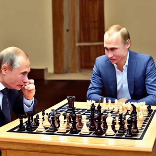 Image similar to magnus carlsen playing chess with vladimir putin,