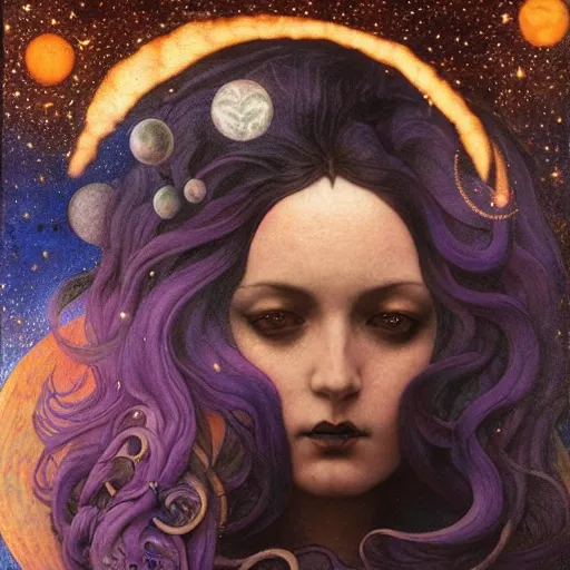 Image similar to queen of the moon with stars in her hair, by tino rodriguez and annie swynnerton and nicholas roerich and jean delville and donato giancola and tom bagshaw and lucien freud, dramatic lighting, goth tattoos, rich colors, smooth sharp focus, extremely detailed, adolf wolfli