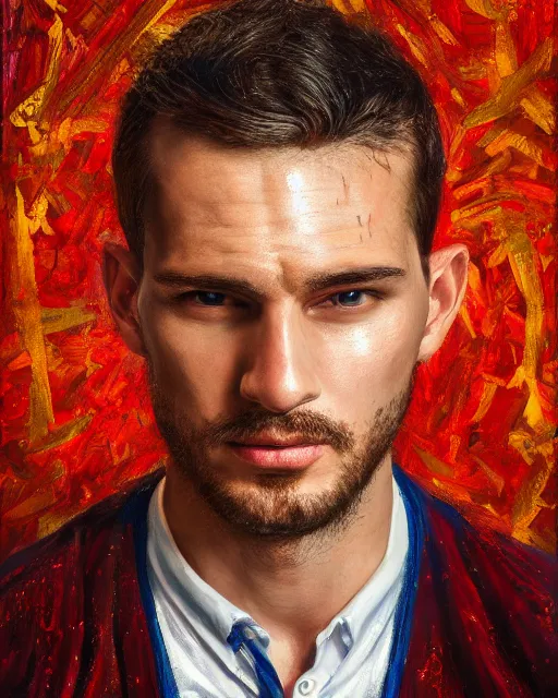 Prompt: oil painting portrait of patric bateman, serbian flag background, cinematic lighting, high production value, intricate details, high resolution, hdr, high definition, masterpiece, realistic, ultrarealistic, highly detailed, hd, sharp focus, non blurry, sharp, smooth