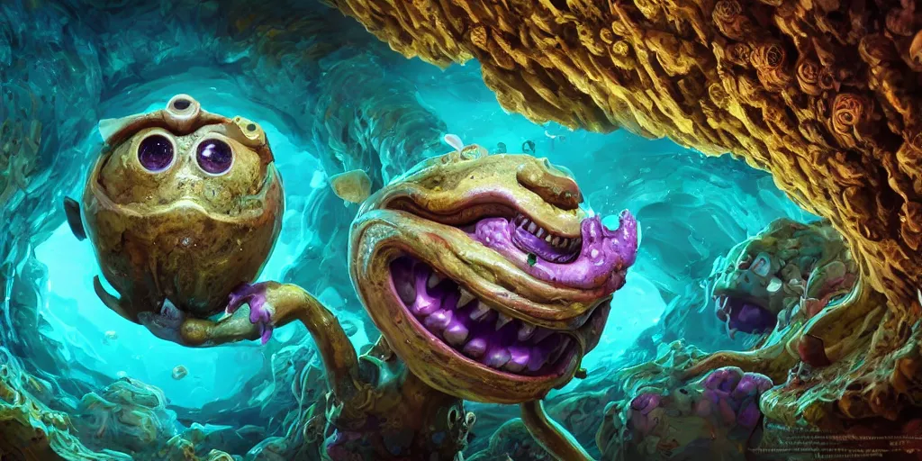 Prompt: of an intricate sea cavern with strange cute goofy creatures with huge eyes, long tongue, square teeth and funny face appearing from murky waters, in the style of jeff koons, macro lens, shallow depth of field, highly detailed, digital painting, trending artstation, concept art, illustration, cinematic lighting, vibrant colors, photorealism, epic, octane render