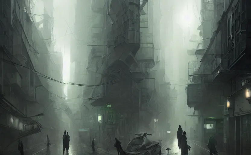 Prompt: dark futuristic street, soft grey and green natural light, intricate, digital painting, artstation, concept art, smooth, sharp focus, illustration, art by greg rutkowski and luis rollo and uang guangjian and gil elvgren, symmetry!