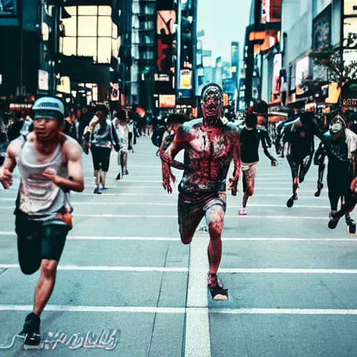 Prompt: sprinter running towards a swarm of zombies in a deserted shibuya square during sunset