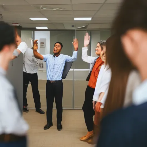 Image similar to photo of a young man waving goodbye emotionally to a group of his coworkers in office, 25mm, f8