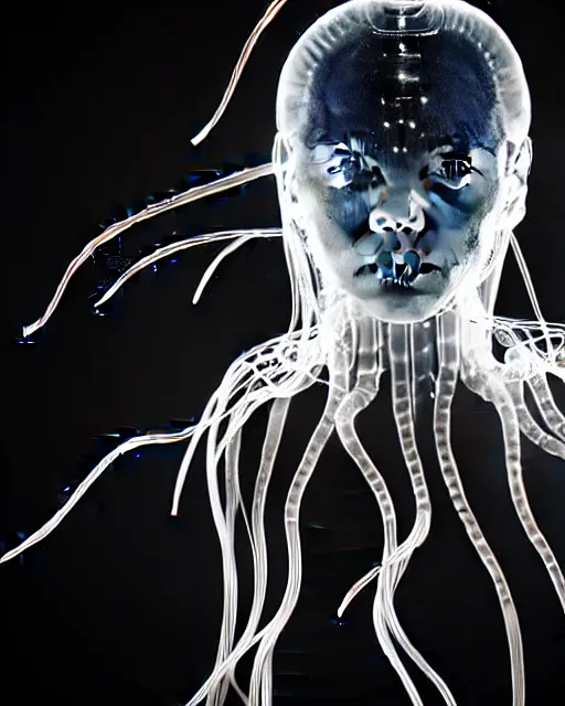 Image similar to black and white young female-cyborg-human-jellyfish-plant high quality photo, microchip, artificial intelligence, bio-mechanical bio-luminescence, black wired cables, neurons, nerve cells, octane render, cinematic, rim light, hyper realism, photo-realistic, high detail, 8k, masterpiece, high fashion, in the style of Dora Maar