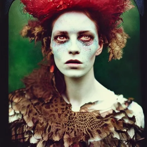 Prompt: kodak portra 4 0 0, wetplate, photo, surreal, weird fashion, in the nature, highly detailed face, very beautiful model, portrait, close up, expressive eyes, victorian dress, carneval, animal, wtf, photographed by paolo roversi style and julia hetta