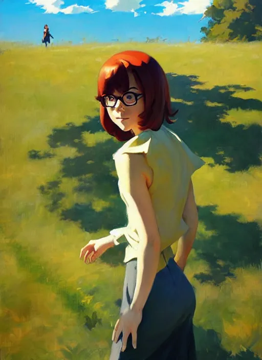 Image similar to Greg Manchess painting of Velma Dinkley, anime style, winged eyelashes, countryside, calm, fantasy character portrait, dark outlines, dynamic pose, above view, sunny day, artwork by Makoto Shinkai, very coherent asymmetrical artwork, sharp edges, perfect face, simple form, 100mm