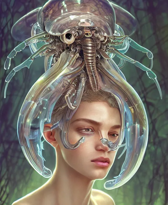 Image similar to opulent transparent clear see - through portrait of a terrifying beautiful male alien isopod cyborg, mottled coloring, adorable, childlike, overgrown biopunk jungle environment, ultra realistic, concept art, art nouveau, photorealistic, octane render, 8 k, unreal engine. art by christopher marley and artgerm and greg rutkowski and alphonse mucha