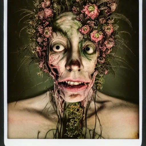 Image similar to a beautiful detailed front view portrait of a rotten woman corpse with fractal plants and fractal flowers growing around, volumetric light, beautiful lit, polaroid photography