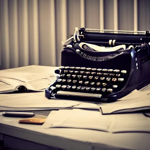 Image similar to an antique typewriter sits alone in an abandoned office