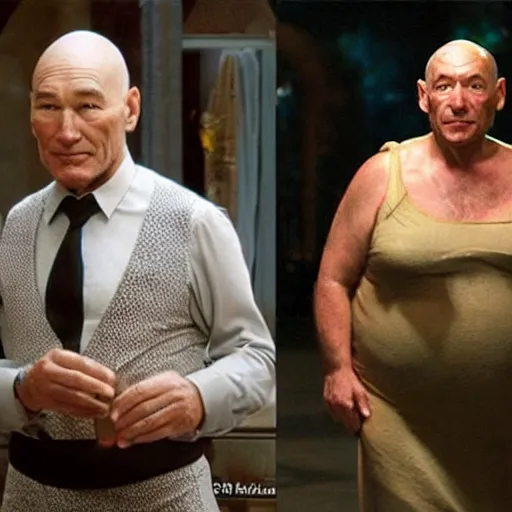 Prompt: fat patrick stewart in a dress drinking alcohol