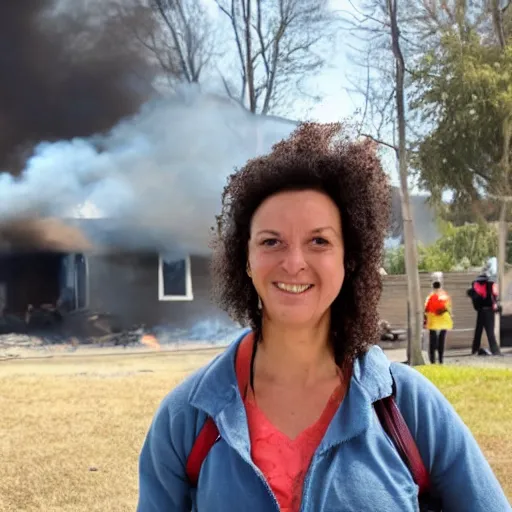 Prompt: a photo of a house burning down in the background and a woman with an eerie smile in the foreground, strong depth of field