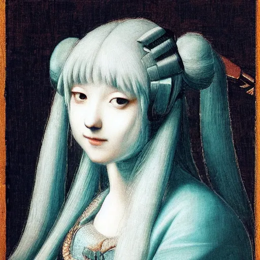 Prompt: A classic portrait of Hatsune Miku by Leonardo da Vinci, oil painting, year 1506, highly detailed, chiaroscuro