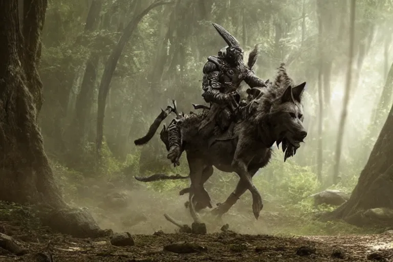 Image similar to vfx movie closeup detailed ancient armored warrior orc hunting riding large wolf in the forest, natural lighting by emmanuel lubezki