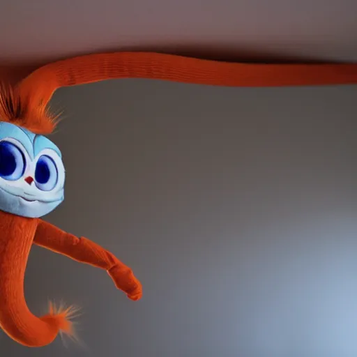 Prompt: elongated centipede furby hanging from the ceiling