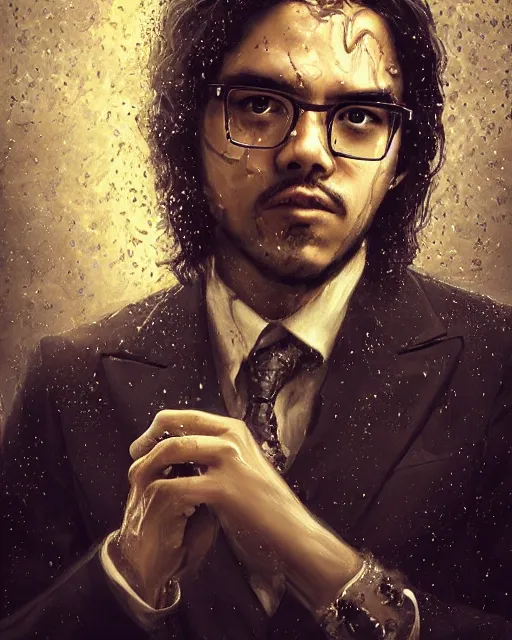 Prompt: a highly detailed portrait of carlos valdes radiating a powerful energy aura, ornate black tuxedo, clean - shaven!!, wispy tendrils of smoke, intricate, digital painting, old english, raining, sepia, particles floating, whimsical background by marc simonetti, artwork by liam wong