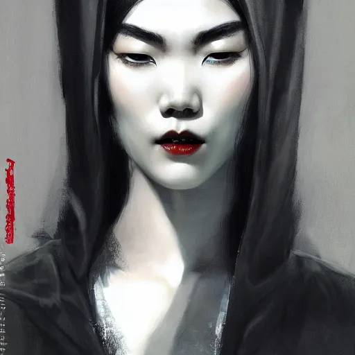 Image similar to detailed cinematic wide shot of beautiful attractive tao okamoto asian vampire woman wearing black bath robe slim face symettrical face clean skin black eyes black robe smooth, sharp focus, ultra realistic, spring light, painting by gaston bussiere, craig mullins, j. c. leyendecker