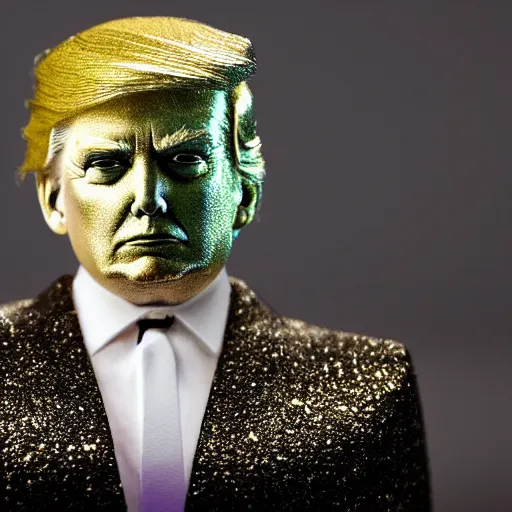 Image similar to Donald Trump with silver-violet hair, white eyes and golden glittery dress, wide lens, diorama, 4k,