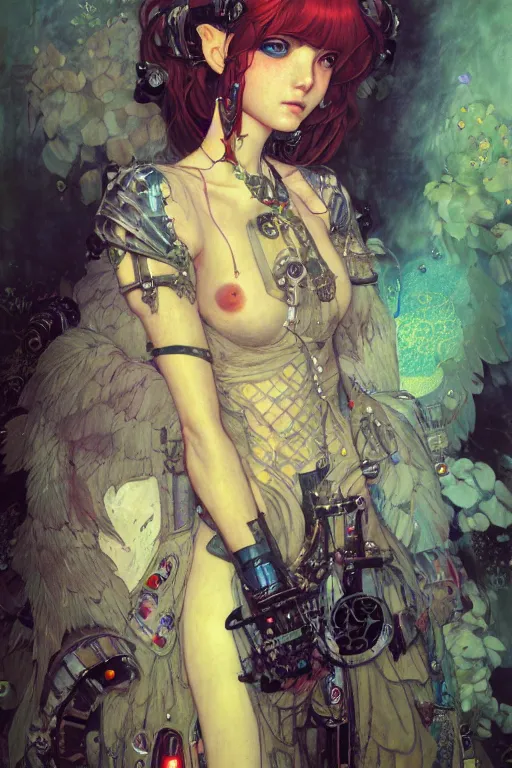 Image similar to portrait of beautiful young fairy, cyberpunk, Warhammer, highly detailed, artstation, illustration, art by Gustav Klimt and Range Murata and Ilya Kuvshinov and Sakimichan