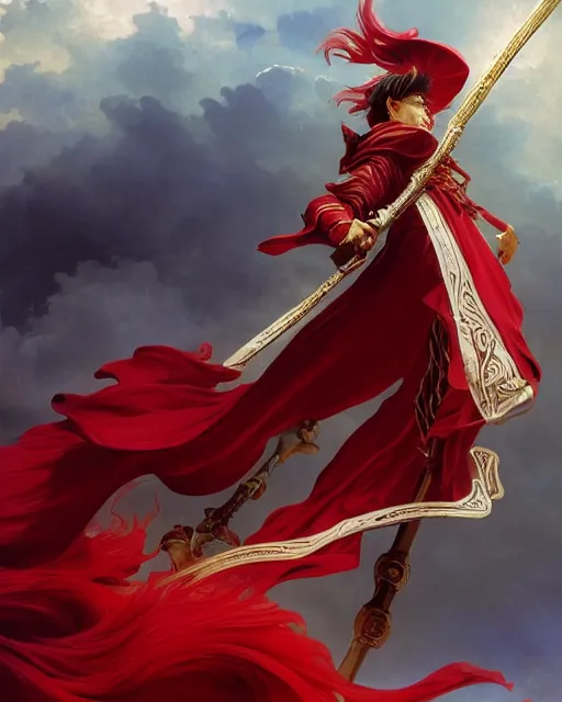 Image similar to A Full View of a Red Mage wearing striped shining armor and a feathered hat holding a staff of power surrounded by an epic cloudscape. Magus. Red Wizard. masterpiece. 4k digital illustration. by Ruan Jia and Artgerm and Andreas Rocha and William-Adolphe Bouguereau and Edmund Blair Leighton. award winning, Artstation, intricate details, realistic, Hyperdetailed, 8k resolution. Concept Painting. Key Art