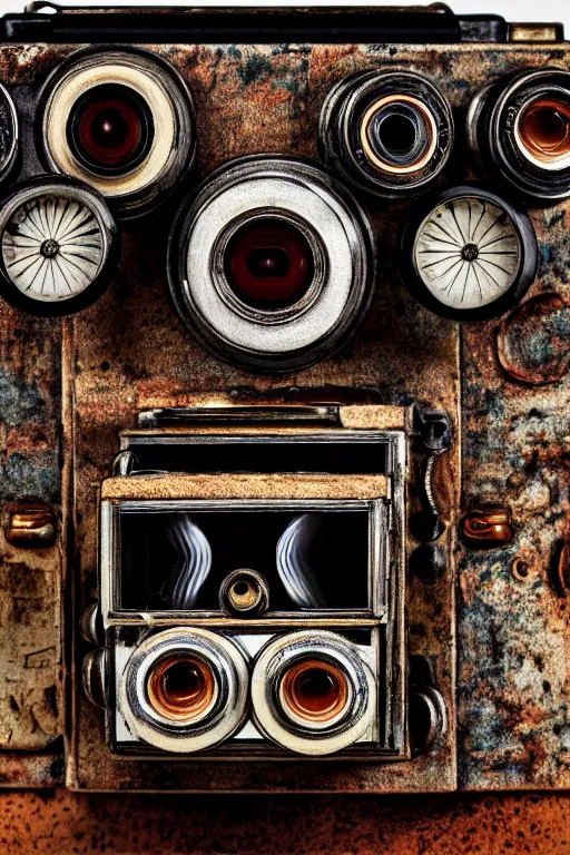 Image similar to A photo of an antique opened camera with film, vacuum tubes, capacitors and coils inside by Annie Lebovitz and Steve McCurry, grungy, weathered Ultra detailed, hyper realistic, 4k