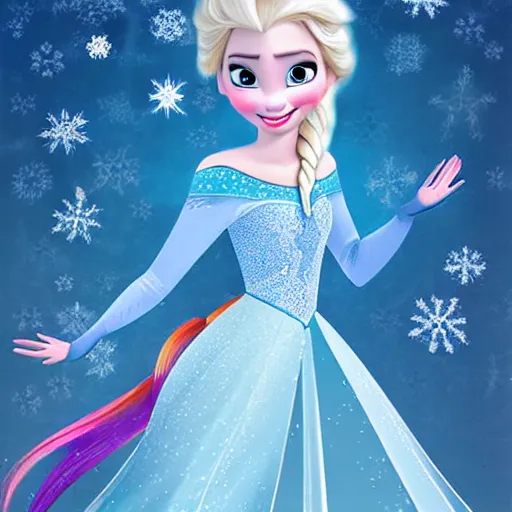 Image similar to Elsa from Frozen as real cute girl photorealistic style riding on snow unicorn