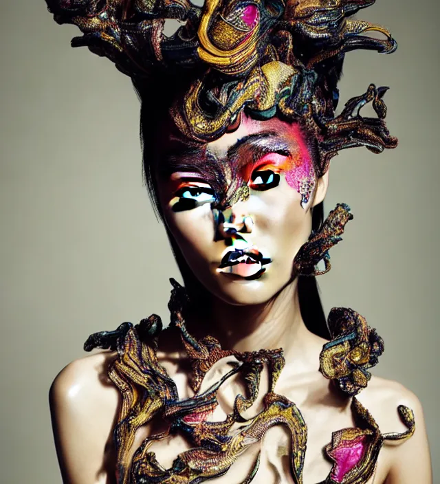 Image similar to face portrait of liu wen. great hair style, half in shadow, natural pose, natural lighing, rim lighting, wearing ornate stunning cloth created by iris van herpen, with a colorfull makeup, highly detailed, skin grain detail, photography by paolo roversi