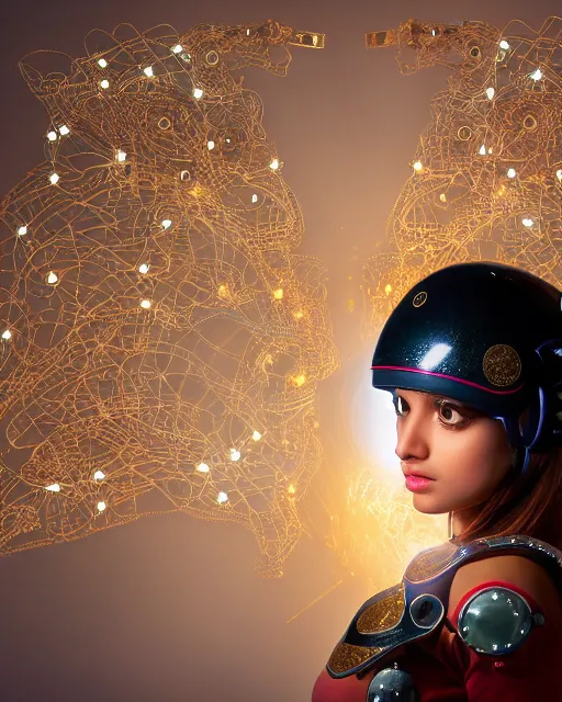 Image similar to centered medium shot fine studio photograph of a beautiful persian girl wearing only a mecha electronic helmet with led lights and persian golden ornaments, ultra-realistic, white background, 8k HDR sunset lit, intricate detail