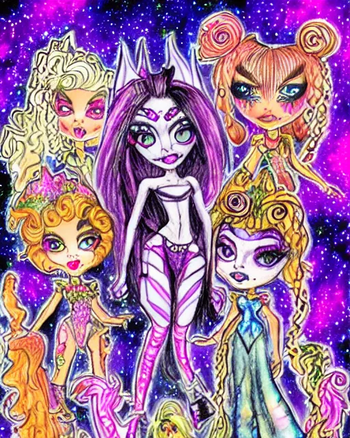 Prompt: josephine wall watercolor pencil drawing of a monster high universe clawdeen wolf fullmoon, stars, sigils and doodles around her, doodles of chibi jesters