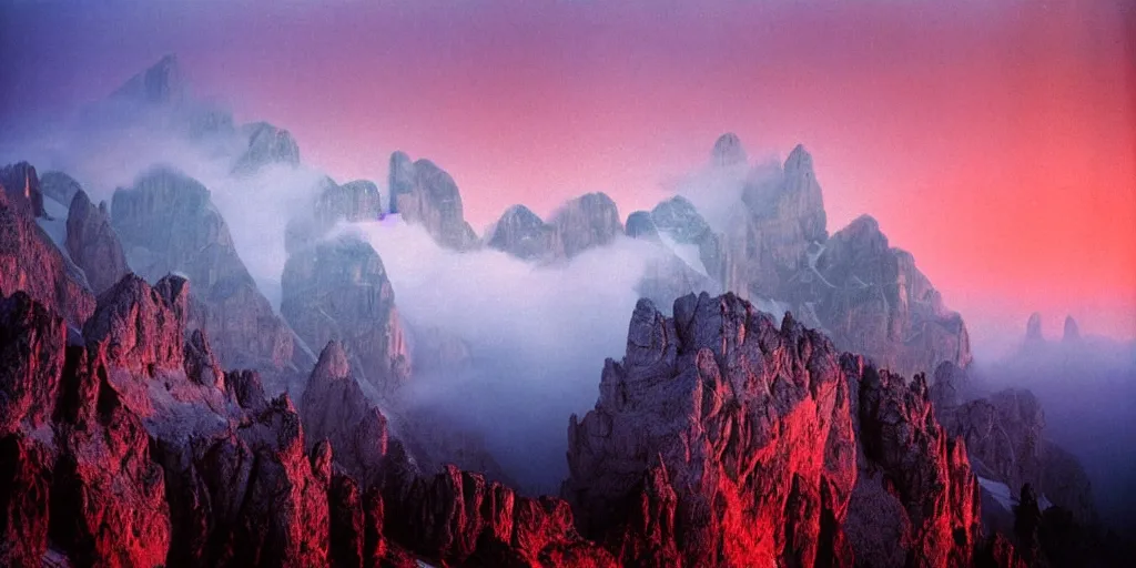 Image similar to 1 9 2 0 s color spirit photography 0 9 9 9 2 9 9 of alpine sunrise in the dolomites, red lit mountains, fog, by william hope, beautiful, dreamy, grainy